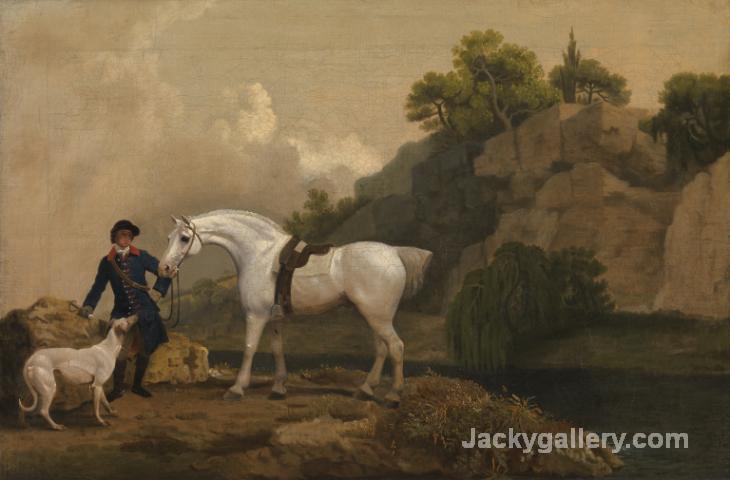 A Grey Hunter with a Groom and a Greyhound at Creswell Crags c. by George Stubbs paintings reproduction